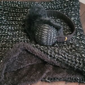 Black and Silver Knit Scarf and Earmuffs Set